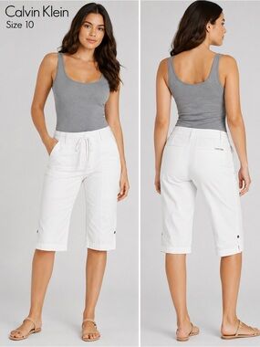 Calvin Klein White Drawstring Capri Pants Size 10 Casual Summer Cropped Pants